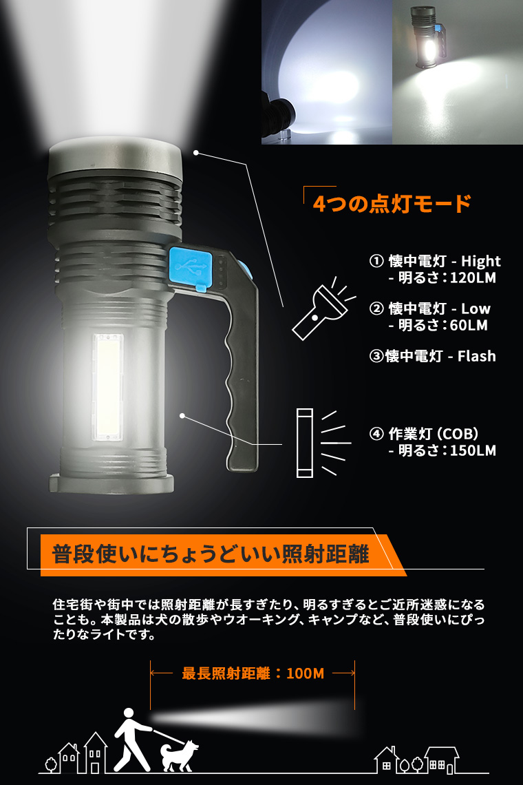 LED 小型 懐中電灯 2個セット usb 充電式 持ち手 防水 LEDライト ハンディライト 作業灯 ワークライト 散歩 アウトドア 照明  防災グッズ 停電 登山 携帯 軽い 最強 明るい コンパクト ミニ | 電光ホーム