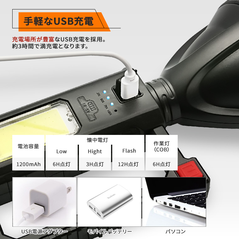 LED 懐中電灯 三脚付き 300lm usb 充電式 防水 強力 LEDライト